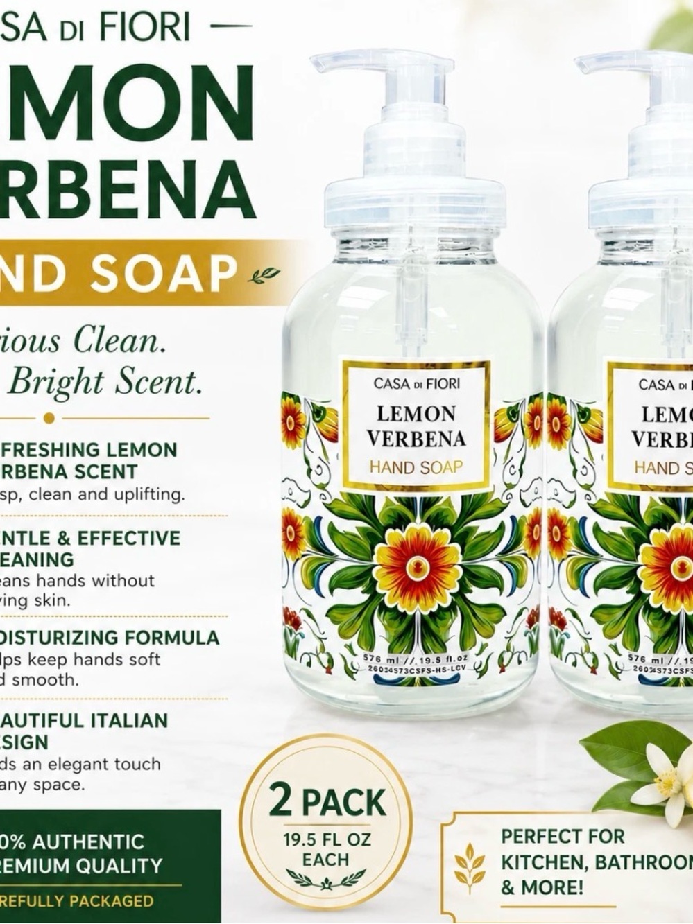 Casa di Fiori Lemon Verbena Hand Soap - White Bottle - 2 Pack